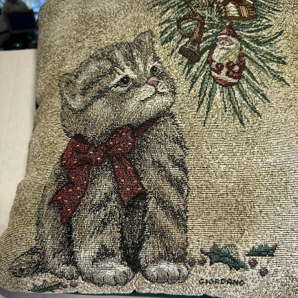 Vintage Christmas Kitten Tapestry Throw Pillow Santa Holly Bow Horn Embroidered